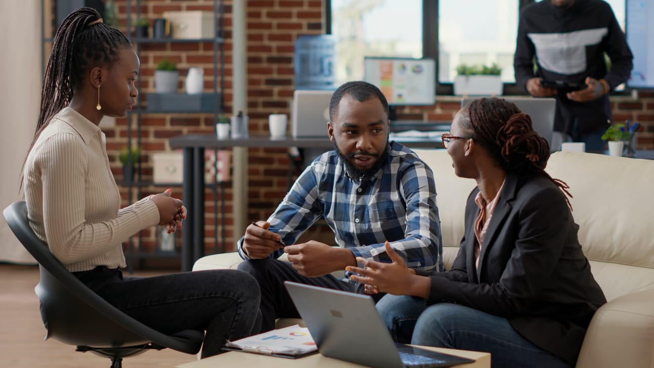 Team business people collaborating plan financial strategy doing teamwork create sales report laptop office employees working project strategy analyze career growth