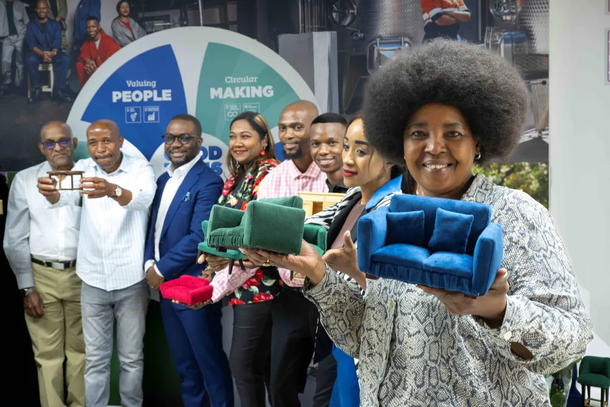 Makers 2: Hosea Matlou (centre) with (L-R) Furntech CEO Michael Reddy, and Pernod Ricard’s Pamela Nkuna and Kalashni Narainsamy. PICTURE: Philip Mostert